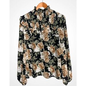 En Saison Black Cream & Olive Floral Long Sleeve Smock Ruffle Top Blouse Large